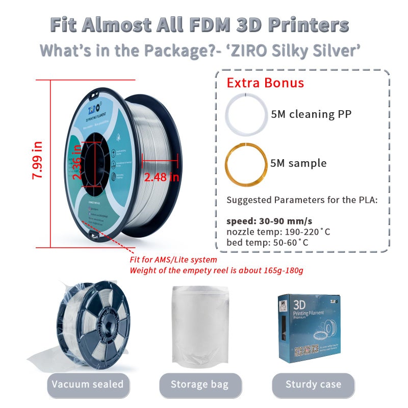 ZIRO PLA 3D Printer Filament, Metallic Glossy Pure Color 1.75mm PLA Filament, Shiny Shine Printing Material, 1.75mm 1KG/2.2lbs Spool, Silky Silver - Image 4